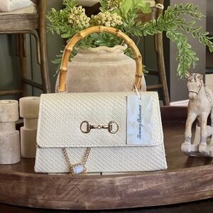 Brand New Tommy Bahama Ivory Straw Satchel Bag With Bamboo Handle